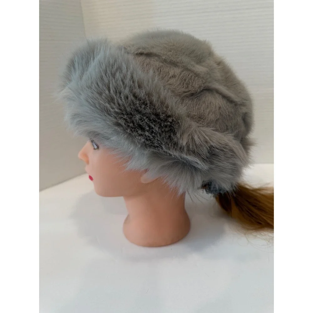 NEW Mongolian Fluffy Furry Gray Faux Fur Luxury Ear‎ Coverage Bucket Beanie Hat